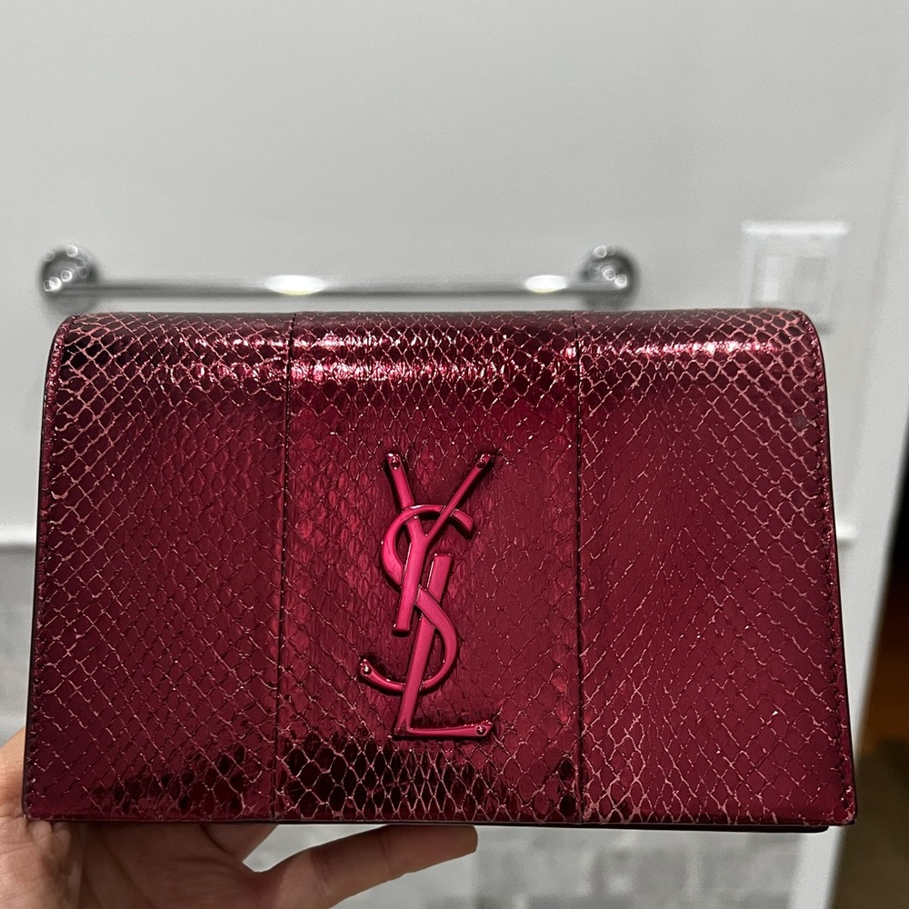Saint Laurent Toy Metallic Kate Snakeskin Monogramme Wallet on Chain